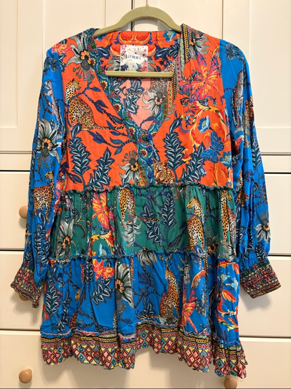 LuLalife Multicolor Tiered V-Neck Tunic — Blue, Orange & Green, sz small